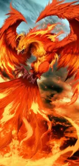 Fiery phoenix soaring through stormy skies in a digital fantasy art style.