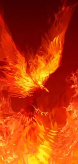 Vibrant fiery phoenix rising through flames in a stunning mobile wallpaper.