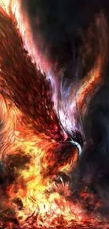 Fiery phoenix illustration with blazing wings on a dark background.