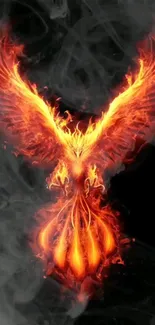 Fiery orange phoenix with dark smoke background, showcasing power and rebirth.