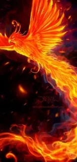 Vibrant fiery phoenix soaring in vivid flames, symbolizing rebirth and power.