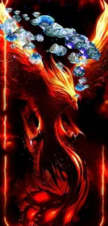 Fiery phoenix illustration on dark mobile wallpaper.