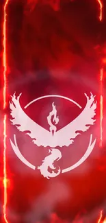 Fiery phoenix design on red mobile wallpaper background.