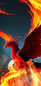 Fiery phoenix soaring with blazing flames.