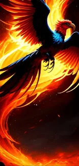 Fiery phoenix spreading wings in vibrant flames on phone wallpaper.