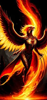 Fiery phoenix with glowing wings soaring in a dark sky.