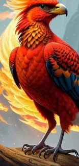 Vibrant fiery phoenix on a branch with dynamic colors