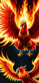 Fiery phoenixes with vibrant flames design mobile wallpaper.