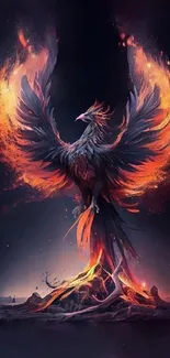 Fiery phoenix rising with bright flames in a dark background.