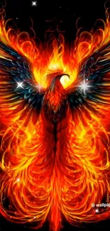 Vivid fiery phoenix with large wings engulfed in flames.