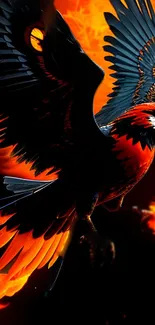 Orange and black fiery phoenix wallpaper with vibrant flames.