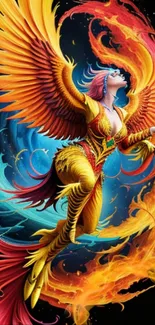 A vibrant phoenix with fiery wings against a dynamic background.