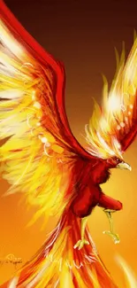 Vibrant phoenix with red and yellow wings in flight, symbolizing renewal.