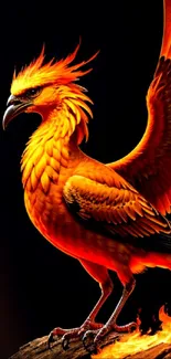 Fiery orange phoenix with wings spread wide on a dark background.