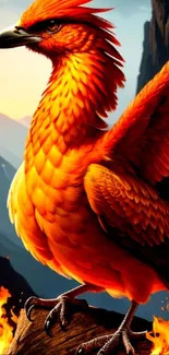 Fiery phoenix with vibrant orange feathers in a mystic mountain scene.