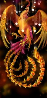 Fiery phoenix with vibrant feathers on a dark background.