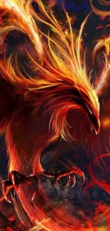 Fiery phoenix in bright red flames on a dynamic mobile wallpaper.