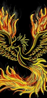 Fiery phoenix with vibrant flames on a black background, depicting mythic rebirth.