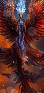 Fiery phoenix with blue smoke and orange flames background.