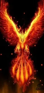 Fiery phoenix in orange and red flames on a dark background.