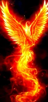 Fiery phoenix rising in vivid flames against a dark backdrop.