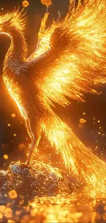 A majestic fiery phoenix with glowing feathers and a vibrant orange background.