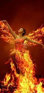 Phoenix dancer in flames, fiery wallpaper design.