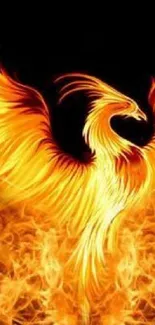 Fiery phoenix with blazing wings surrounded by flames on a black background.