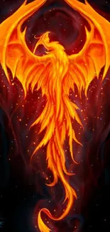 Vibrant phoenix with fiery wings on a black background, perfect for mobile screens.