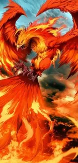 Fiery phoenix surrounded by flames in a dynamic mobile wallpaper.