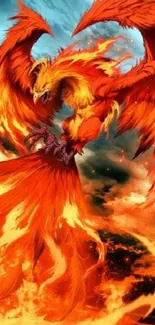 Fiery phoenix with burning orange wings.