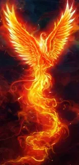 Fiery phoenix with vibrant orange flames on a dark background.