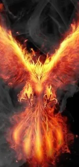 Fiery phoenix with outstretched wings against a dark background.