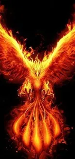 Fiery phoenix on dark background wallpaper for mobile display.