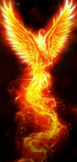 Fiery phoenix rising from flames in vibrant mobile wallpaper.