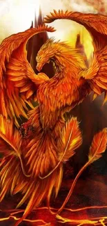 Fiery phoenix rising with wings spread amid glowing lava.