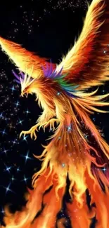 Fiery phoenix soaring with stars in vibrant tones.