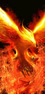 Fiery phoenix rising through flames, showcasing vibrant orange hues.