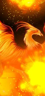 Fiery phoenix with orange and yellow flames in a dynamic mobile wallpaper.