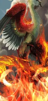 A vibrant phoenix rising from flames on a digital mobile wallpaper.