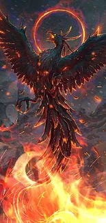 Artistic fiery phoenix rising in flames.