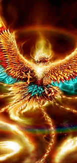 Fiery phoenix with glowing wings in vibrant colors on a dark background.