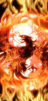 Phoenix amidst swirling fiery flames in vibrant phone wallpaper.