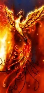 Vibrant phoenix in fiery orange flames, mystical design.