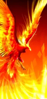 Fiery phoenix with radiant wings in vibrant orange and red flames.