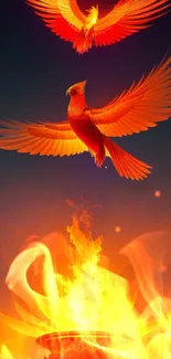 Vibrant phoenix in flames on a fiery mobile wallpaper.