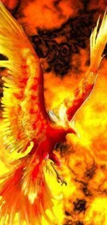 Mobile wallpaper of a fiery phoenix rising in bright flames.