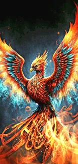 Fiery phoenix with vibrant flames in a striking phone wallpaper design.