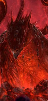 Fiery phoenix in red hues on a phone wallpaper.