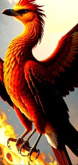 A fiery phoenix with bright orange feathers soaring in a dramatic sky.